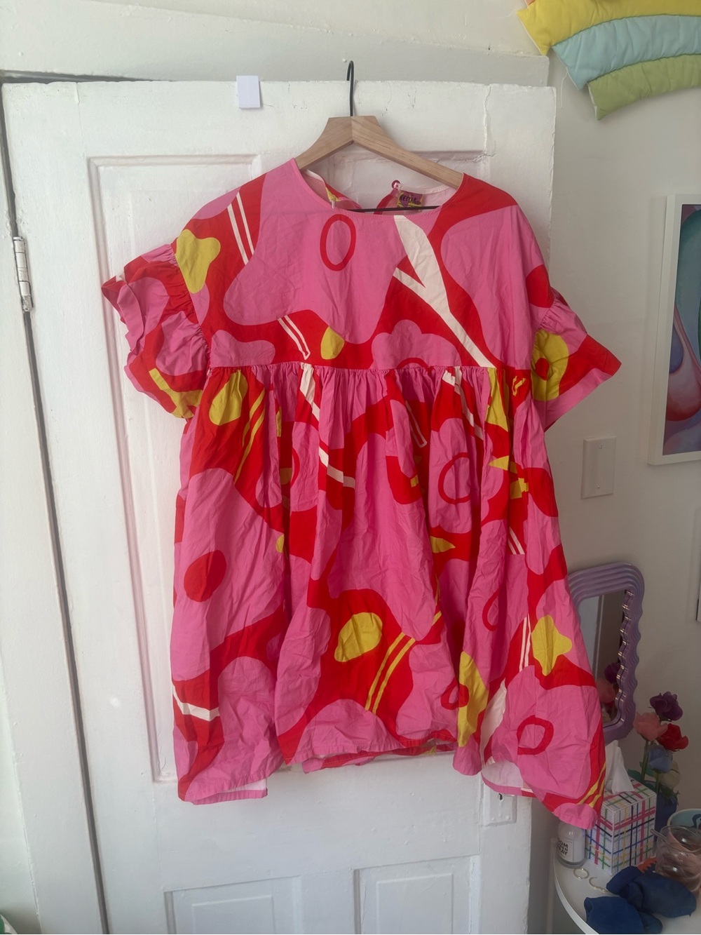 Bright Pink & Red Floral Patterned Women's Babydoll Dress Nettle Studios OS-
